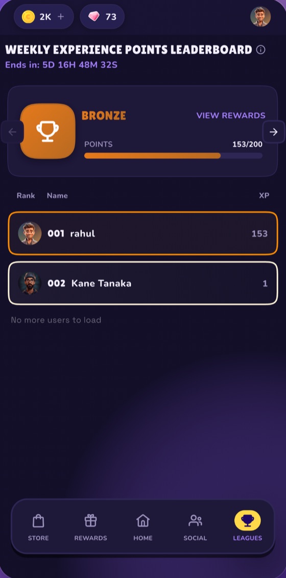 The weekly experience points leaderboard, showing a Bronze league with a points progress bar and ranked players.