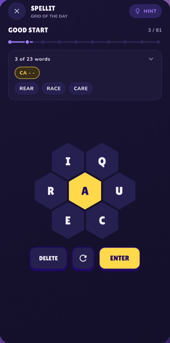 Spellit gameplay: seven letters arranged in a honeycomb with a yellow centre letter, a found-words list reading REAR, RACE and CARE, and a rank of Good Start.