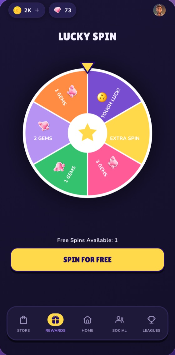 The Lucky Spin wheel, divided into coin and gem prize segments.