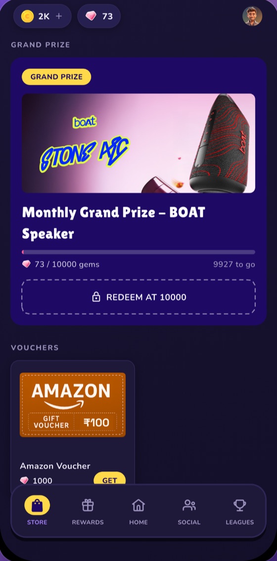 The in-app store, showing a grand prize with gem progress and a grid of vouchers.