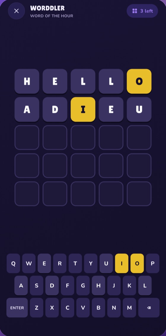 Worddler gameplay: a five-by-five letter grid with HELLO and ADIEU guessed, matching letters highlighted in yellow, above an on-screen keyboard.