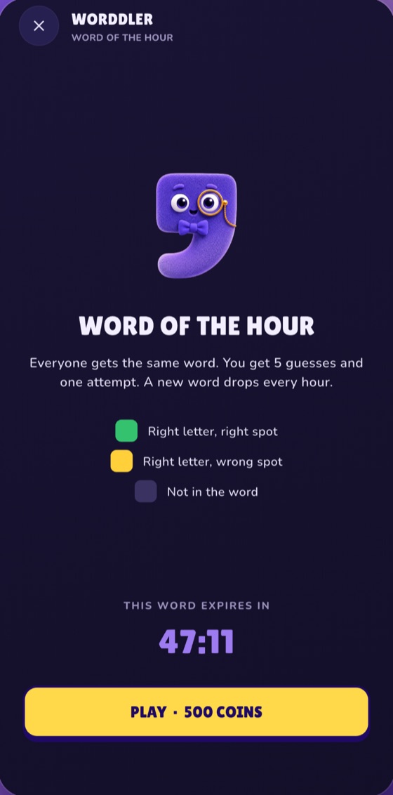 The Word of the Hour screen: everyone gets the same word, five guesses and one attempt, with a countdown to the next word.